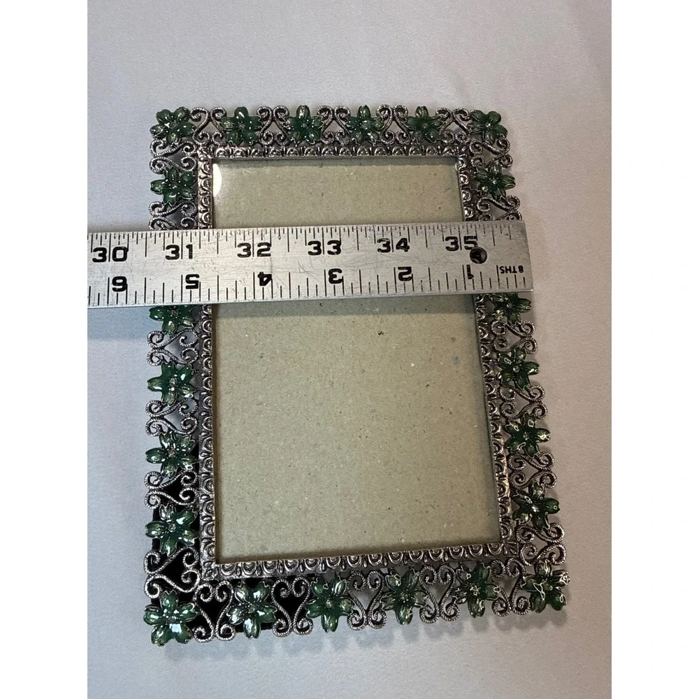 Vintage Silver Tone Green Enamel Flower Filigree Metal Picture Frame 4x5.5